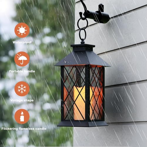 JOIONE Lanterns Decorative Indoor, 2 Packs 14" Battery-Powered Waterproof Black LED Candle Lanterns with Timer for Patio & Outdoor, Vintage Hanging Lantern for Home Decorations, Diamond - style: Diamond Decorative Lantern