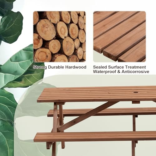 Outdoor Wooden Picnic Table with Benches and Umbrella Hole, Rustic Style Lifetime Picnic Table Bench Set for 6 or 8 Person for Backyard, Porch, Patio, and Deck, Brown - size: Rectangle-6person