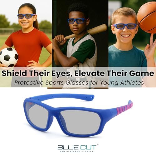 BLUE CUT Kids Sports Protection Goggles – Photochromic Safety Glasses for Children, Basketball, Baseball & Outdoor Sports - color: Blue/Pink Photochromic- Kids Size