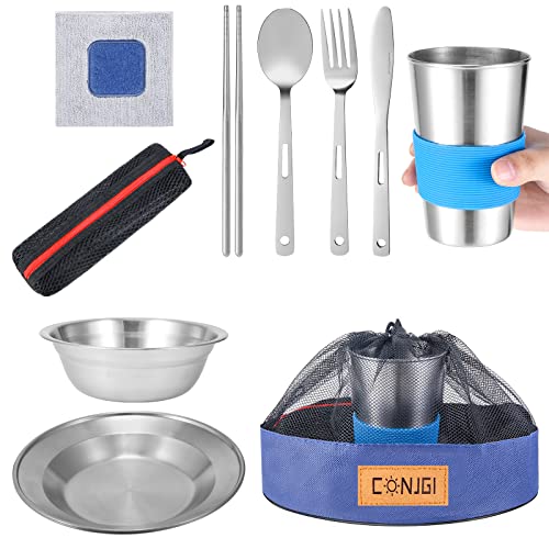 Outdoor Camping Mess Kit - 1 to 2 persons Camping Dishes Includes Cups, Bowls, Dishes, Knives, Forks, Spoons, Etc, Camping Dinnerware Set with Mesh Bag is Easy to Carry Camping Tableware Set - color: 1 person set blue