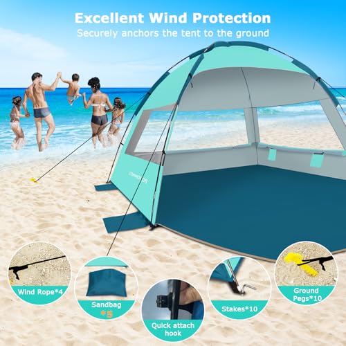 COMMOUDS Beach Tent Sun Shade for 3/4/6/8 Person, UPF 50+ Beach Sun Shelter Canopy Tent, Lightweight, Easy Set Up and Carry - color: Turquoise, size: 8 Person
