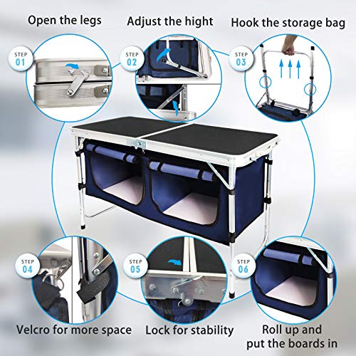 CampLand Outdoor Folding Table Aluminum Lightweight Height Adjustable with Storage Organizer for BBQ, Party, Camping - color: Black