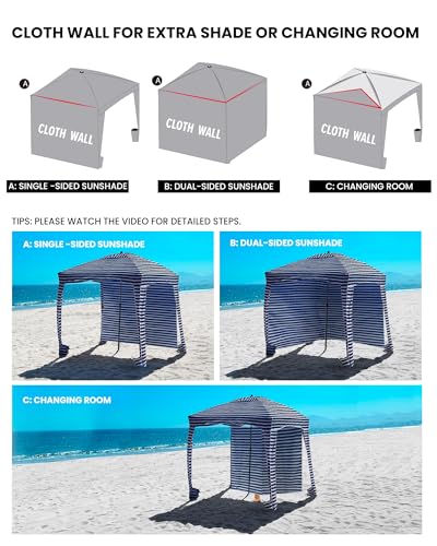Qipi Beach Cabanas for Sand, Beach Canopy with Sandbags & Side Wall for Family, Easy Set Up Sun Shelter, UPF 50+ UV Protection with Roof Vent - color: 6' x 6' Z02 Sailor Stripes with Changing Room