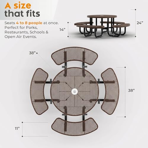 Round Metal Picnic Tables for Kids for Outdoors with Umbrella Hole, Adjustable Seats for School, Park, Playground (Brown, 38 in, Kids, Expanded Steel) - color: Brown, size: 38 In, Kids, Expanded Steel