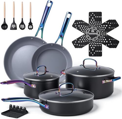 Ammeloo 17 Pcs Ceramic Cookware Set, Induction Pots and Pans Set Non Stick, Premium Colored Stay Cool Handle, Non Toxic PFOA PFOS Free, Oven Safe & Compatible with All Stovetops, Black - color: Fixed Colored Handle