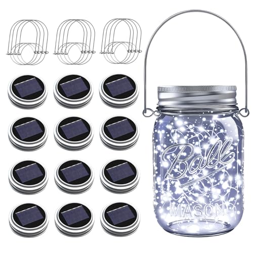 Mason Jar Solar Lights for Outside, 12 Pack 30LED Fairy Lights Mason Jar Solar Lids Outdoor Waterproof String Lights with Hangers(NO Jars) for Patio Garden Yard Lawn Decoration - Cool White - color: Cool White