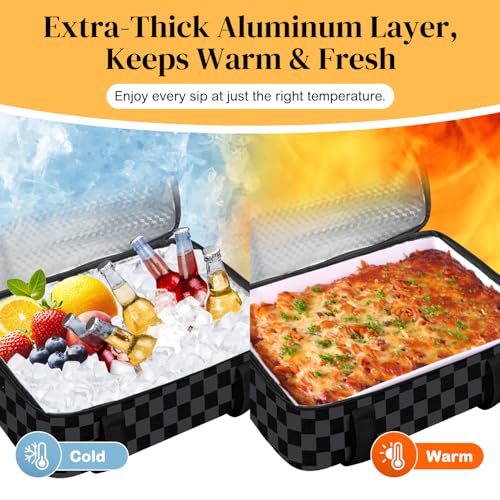 Coobiiya Insulated Casserole Carrier,Lasagna Lugger Tote Keeps Food Hot or Cold,Thermal Lunch Bag Warmer & Cooler Carrier Bag,Portable Tote Bag Fits 9" x 13" Baking Dish for Picnic and Cookout - color: Black Grid, size: Single Layer: 15.75 × 11.8 × 4.7 in