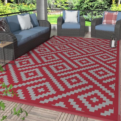 GENIMO Christmas Outdoor Rug for Patio Clearance, 6'x9' Reversible Plastic Straw Rugs, Lightweight Waterproof RV Camping Mat for Camper, Balcony, Deck, Backyard, Picnic, Red Grey - color: Red & Grey, size: 6' x 9' (Rectangular)