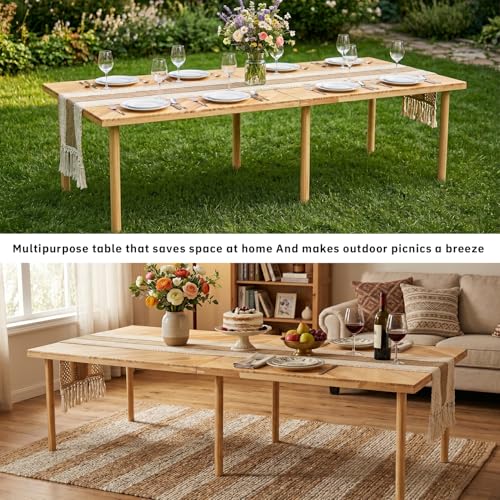 Boho Picnic Table, Portable Low Floor Sitting Table, Outdoor Folding Low Picnic Table for 6 Person, Wooden Low Table with Table Runner for Backyard, Beach, Camping, Wedding