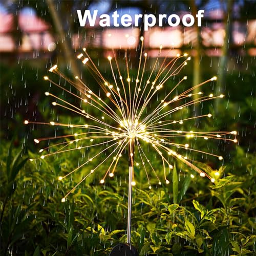JJGoo Outdoor Solar Lights Firework, 2 Pack 120 LEDs Waterproof Solar Lights for Outside Garden Yard Pathway Fence - Warm White - color: Warm White, size: 2 Pack 120 LEDs