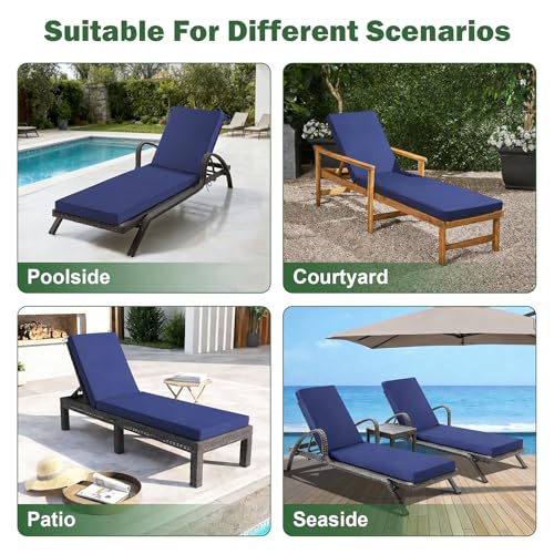 Chaise Lounge Cushions Outdoor, 72x 21x 3 Inch Waterproof & Fade-Resistant Lounge Chair Cushion, Outdoor Chaise Cushion with Removable Cover & Ties for Lawn, Patio, Pool & Beach, Navy Blue - color: Navy Blue, size: 72x21+3"