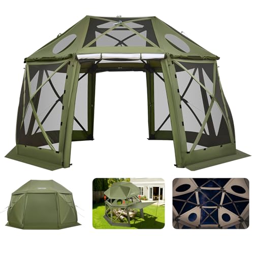VEVOR Pop Up Gazebo Screen Tent, 13 x 13 ft Large High 13-Sided Camping Canopy Tent with Removable Top & Carry Bag, Quick Set & Bite-Proof Mesh Screen Sun Shelter for 10-12 Persons Backyard Patio - color: Army Green, size: 13x13ft