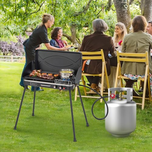 HAPPYGRILL Portable Camping Stove, 2-Burner Propane Grill Cooker with Removable Leg Stand, Roast Grill, Dual Control Knobs, Wind Guards, Outdoor Gas Grill for Camping BBQ Picnic (Black) - color: Black