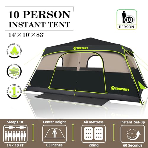 4/6/8/10 Person Instant Tent, Waterproof Pop Up Tents for Camping with Rainfly, 60 Seconds Easy Setup, Automatic Cabin Tent for Family Camping with Expandable Carry Bag & Upgraded Ventilation - color: Black, size: 10 Person