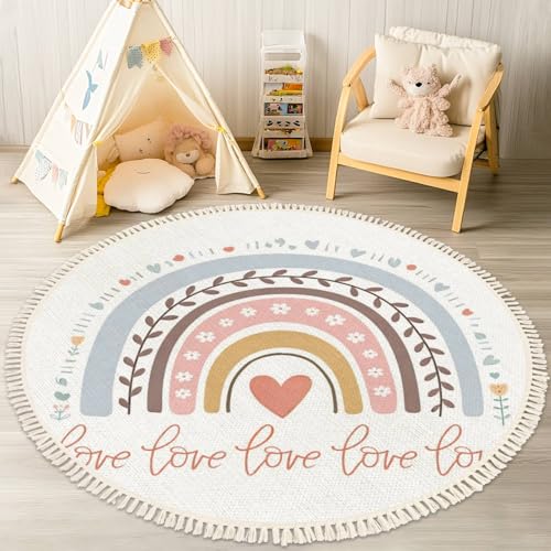 Round Boho Rug with Cute Childish Illustrations - Abstract Full Color Striped Arc in Area Rug - Linen Rug Carpet Patio Hallway Runner Mat Pad - Minimalist Home Decor for Living Room Outdoor - color: Multi1, size: 4' (Round)