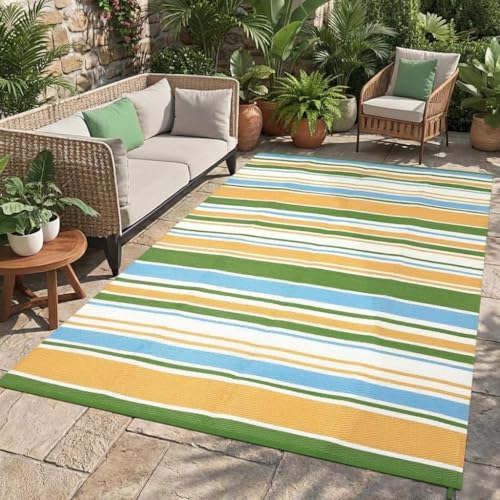 GarveeHome Outdoor Rug 8x10 Colorful Geometric Lines Plastic Straw Indoor Outdoor Rugs Striped Reversible Patio Outdoor Rug Portable Outside Carpet for Trailer RV Beach Pool, Yellow Blue Green White - color: Geometric Stripes| Yellow Blue Green White, siz