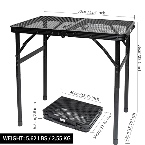 HPC Decor Folding Grill Table-Camping Table with Mesh Desktop,Portable Picnic Table with Carry Handle,27/56cm Height Adjustable Metal Table-Outdoor Grill Table,Folding Table for Outside Inside Use. - size: 2*1.8FT