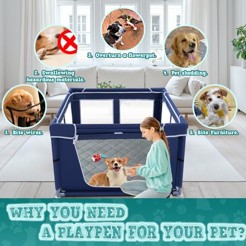 XVISHX 42x42 Inches Puppy Playpen with Dog Pads, Dog Playpen for Puppies or Small Dogs, Pet Playpen for Indoor & Outdoor, Sturdy Safety DogPen with Thickened Fabric, High-Strength Nylon Wire Mesh - style: 42X42 IN With Pad