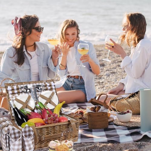 Neti Neti Wicker Picnic Basket for 4 with Insulated Cooler & Waterproof Blanket – Large Willow Picnic Hamper for Outdoor, Camping, Beach, Romantic Dates, Valentine’s Day - color: Khaki Plaid