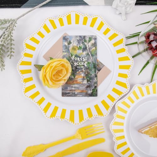 COLOSUS 150pcs Disposable White Lemon Yellow Striped Plastic Party Plates and Silverware set, Yellow Dinner/Dessert Plates silverware 30guests for Easter Birthday Weeding Party and Daily use. - color: white+yellow
