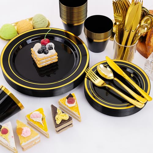 WELLIFE 150 PCS Black and Gold Disposable Dinnerware Set, Plastic Plates for Party, Including 25 Dinner Salad Plates, Cups, Forks Knives Spoons for New Year Party Supplies - color: Black/Gold, size: 25 Guests