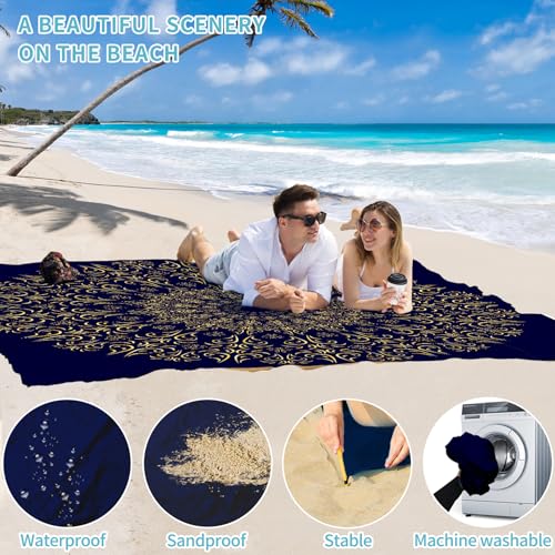 Beach Blanket Waterproof Sandproof 78''×81'' Large Suits 1-5 Adults Oversized Lightweight Picnic Mat Beach Blanket Water Resistant for Camping Hiking Travel Picnic - color: Navy Mandala, size: 78''x81''