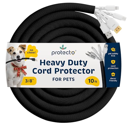 PROTECTO Heavy Duty Dog & Cat Cord Protector 10ft Long Sleeve, Easy-to-Use 3/8 in Cord Cover for Pet, Odorless Black Color, No Chew Solution for Power, Audio & Video Wire Tubing, Fits 4-6 Cables - color: Black, size: 3/8"-10ft - 1pk