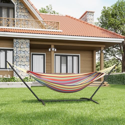 Double Hammock,Outdoor Portable Hammocks, Heavy Duty Hammock with Space Saving Steel Stand Included and Carry Bag, 450lb Capacity Standing Hammocks for Outside Garden Yard