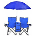 GoTEAM! Portable 2-Seat Folding Camp Chair with Cooler, Umbrella & Cup Holders – Outdoor Picnic, Beach, or Tailgate Seating – Carry Case Included - color: Blue