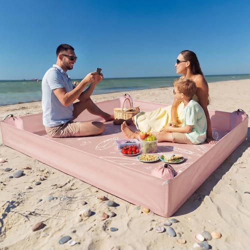 Large Beach Blanket Sandproof Waterproof with Side Walls, 71"x57" Pink Outdoor Portable Beach Blanket Includes 4 Storage Bags and 4 Stakes for Beaches Keep Sand Out Family Camping Park Travel Vacation