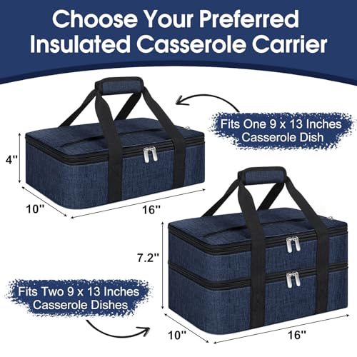 Insulated Casserole Carrier, Portable Casserole Carrier for Hot or Cold Food Lunch Tote Warmer or Cooler Bag, Lasagna Lunch Bag for Potluck Parties- Fits 9" x 13" Baking Dish-Navy blue - color: Navy Blue, size: 16x10x4 in