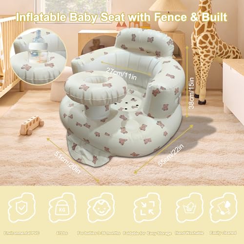 Inflatable Baby Seat for Babies 3-36 Months, Baby Chair with Fence & Built in Air Pump, Blow Up Floor Baby Seat with Back Support, Inflatable Baby Chair Sit Me Up for Home Bear-Tray - color: Brown Bear-Tray