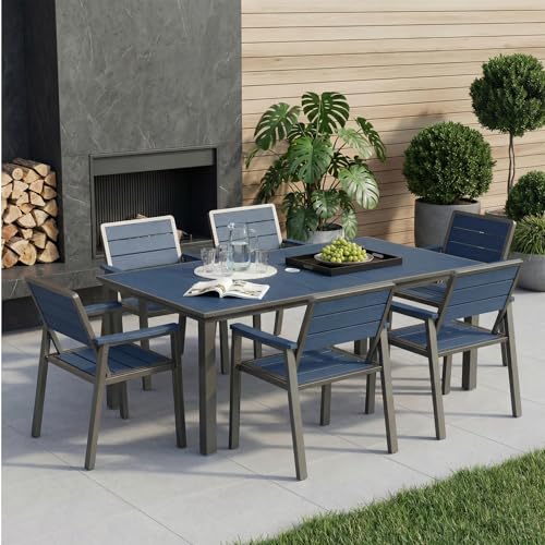 7 Piece Patio Dining Set for 6, Outdoor HDPE Table and Chairs with Umbrella Hole, All Weather Outdoor Furniture for Backyard, Deck, Lawn, Poolside, Blue - color: Blue