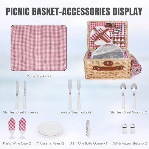 HappyPicnic Picnic Basket Set for 2 - Wicker Picnic Basket with Waterproof Blanket & Insulated Liner, Large Handmade Willow Hamper with Cutlery Kit for Outdoor, Picnic, Camping, Party, Holidays (Red) - color: Red Check