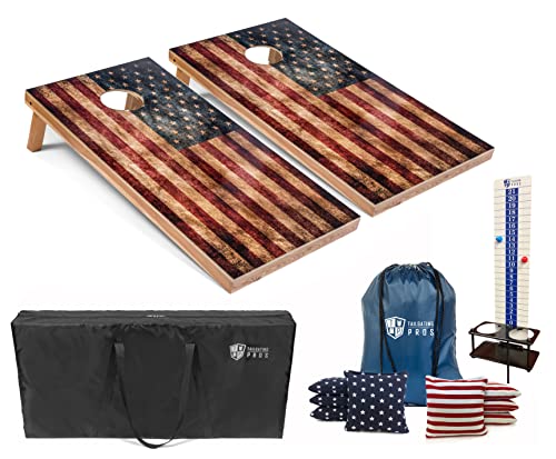 Tailgating Pros 4x2 Regulation Cornhole Boards Flag Set- Includes 8 Bean Bags, Carrying Cases, and Score Keeper - Optional LED Lights - color: Distressed Flag, size: 4'x2' Boards