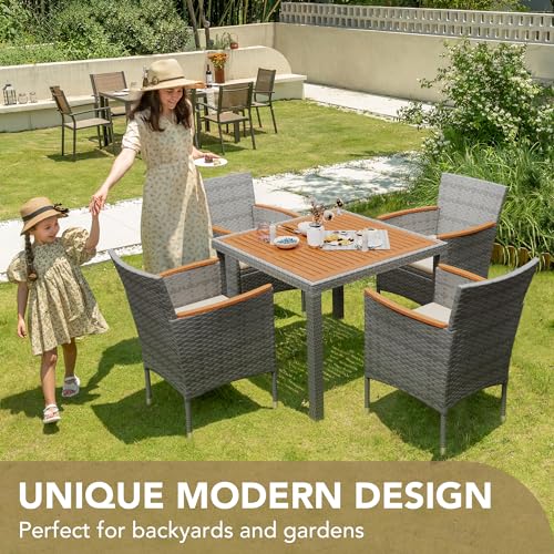 Devoko 5 PCS Furniture, Patio Conversation Set with Acacia Wood Top, Rattan Outdoor Dining Table and Chairs for Backyard, Garden, Deck, Grey - color: Grey, style: 5 Piece Dining Set