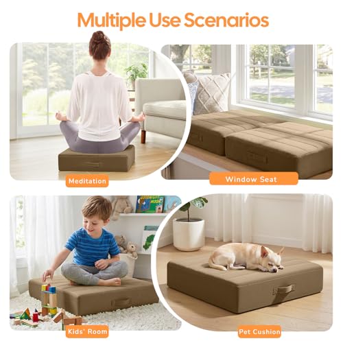 MeMoreCool Square Floor Pillow Seating for Adults Kids, Large Meditation Cushion Floor Pillow with Thick Foam & Soft Tufted Cover, Washable Big Pillow Seat Floor Cushion for Sitting Yoga 22" Coffee - color: Light Coffee, size: 22 Inch
