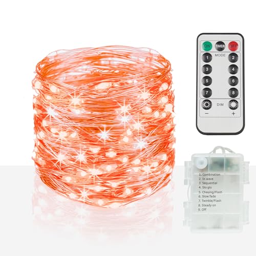 suddus Orange Halloween Fairy Lights Battery Operated, 66ft 200 LED Copper Wire Twinkle Lights Waterproof, String Lights with Remote for Bedroom, Party, Yard, Door, Garland, Tree Decorations - color: Orange, size: 200LED