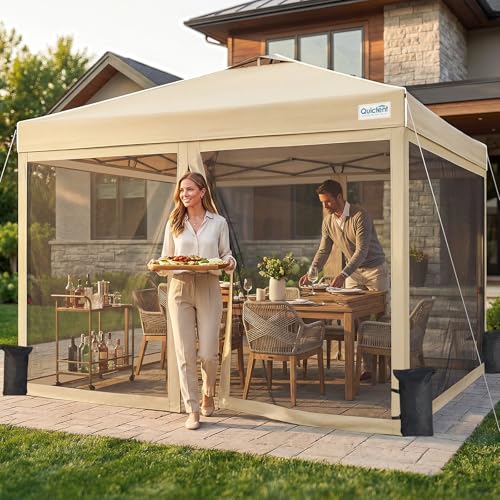 Quictent 10x10 Pop up Canopy Tent with Netting, Auto-Close Magnetic Doors, One Person Instant Setup Screen House Room Tent Screened Waterproof - color: Tan, size: 10'x10'