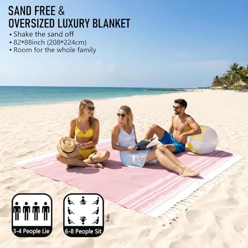 Yongoes Oversized Turkish Beach Towel Blanket Cotton Giant XL Sandproof Towels Huge Linen XXL Extra Large Big Throw Quilt Blankets for Adults Cloud Travel Camping Glamping Accessories Essentials - color: Pink, size: Extra Large 82"x88"（208x224cm）