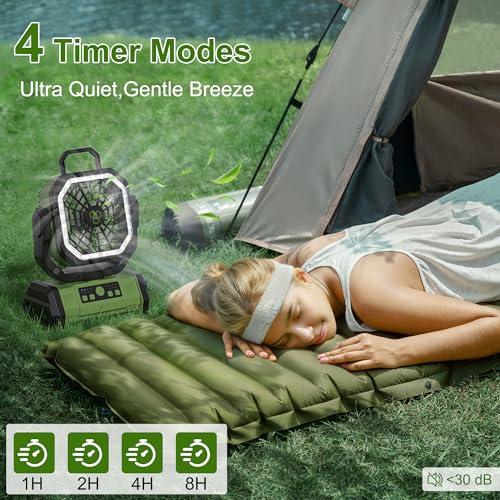 Honesorn Portable Rechargeable Fan 20000mAh, Camping Fan with LED Light & Remote, USB C Cordless Battery Powered, 4 Speeds Timer Hanging Hook for Travel Tent Outdoor Essentials - Green - color: Green