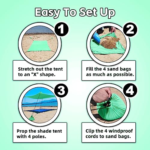 EasierHike Beach Shade Tent, 10 × 10 Ft Portable Easy Pop Up Beach Canopy, UPF50+ Sun Protection Shelter, Windproof & Water Resistant, Stable with 4 Sandbags & Windproof Cords, Perfect for Family - color: Mint Green, size: 10x10 FT 4 Poles