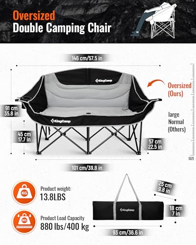 KingCamp Oversized Double Camping Chair, Heavy Duty 880lbs with Padded Seat & Cup Holders, 2 Person Loveseat Perfect for Outdoor Sports Family and Couples, Ideal for Lawn and Backyard, Black/Grey - color: XL 2 Person Black/Grey, size: Loveseat XL