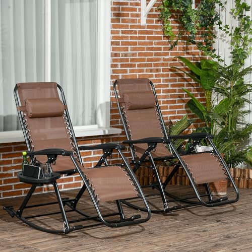 Outsunny Set of 2 Outdoor Rocking Chairs, Foldable Reclining Zero Gravity Lounge Rocker with Pillow, Cup & Phone Holder, Combo Design with Folding Legs, Brown - color: Brown, size: 2 Packs