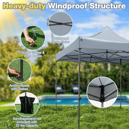 Tangkula 10x10 FT Pop Up Canopy, Instant Setup Outdoor Tent with Heavy-Duty Carbon Steel Frame, Wheeled Bag, 4 Sandbags, 8 Stake, 4 Ropes, Portable Canopy Tent for Parties Events Camping (Gray) - color: Gray