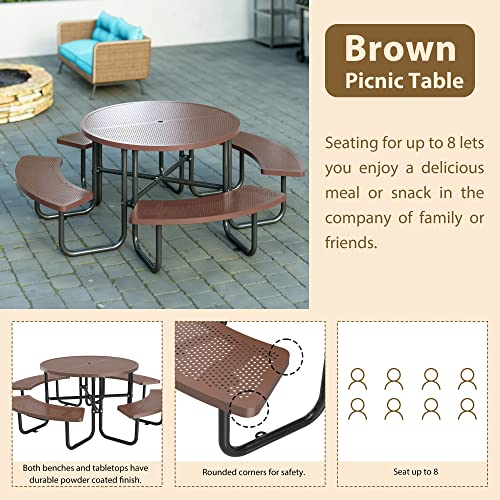 46-inch Brown Round Outdoor Picnic Table with Umbrella Hole - Heavy Duty Coated Steel Metal Patio Dining Set for Garden, Courtyard, BBQ & Commercial Use - color: Coffee-round
