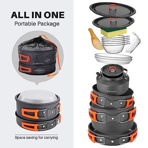 Odoland 15pcs Camping Cookware Non-Stick Lightweight Camping Pots and Pans Set with Kettle Plastic Plates Bowls Soup Spoon for Camping, Backpacking, Outdoor Cooking and Picnic - style: 15pcs W/ Kettle
