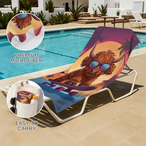Highland Cow Beach Towel, Cute Brown Highland Cow with Sunglass Skateboarding Towels, Sunset Palm Tree Absorbent Sand-Free Bath Towels for Swimming Surfing Travel, Oversized 32x52 - color: Highland Cow