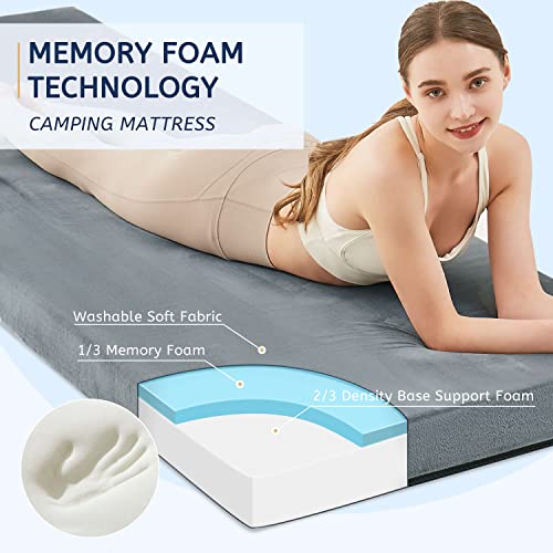 HomeMate CertiPUR-US Memory Foam Camping Mattress Pad Portable Roll Up Mattress for Adults Sleeping Mat Cot Mattress Pad - color: Grey, size: Single / 75*30*3