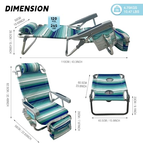 Backpack Beach Chair Aluminum 2 Pack with Folding Camping Table 5-Position Lay Flat Lounge Chair Outdoor for Adults with Insulated Cooler Bag and Cup Holder - color: Cyan, size: 2 PACK